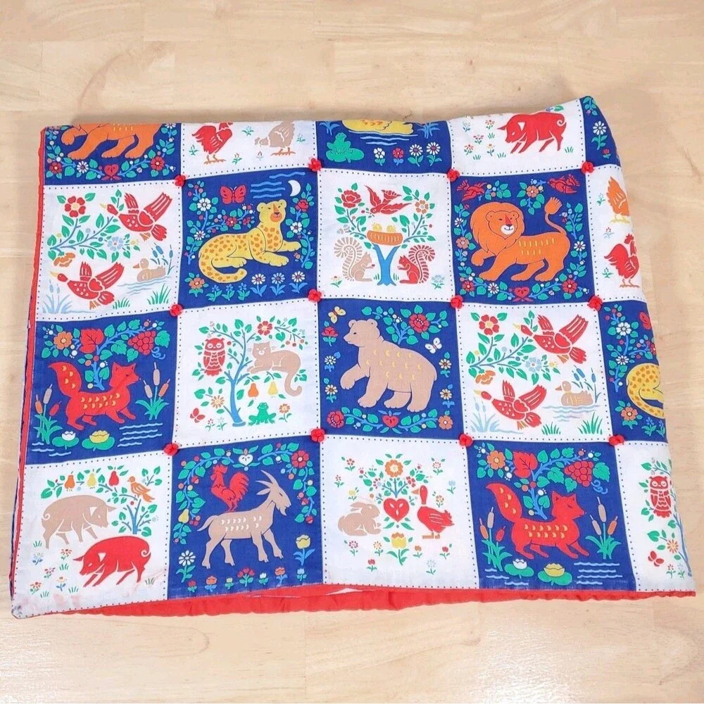 Vtg Printed Block Quilt Pattern Baby Blanket Forest Animal Fox Owl Deer Folk Art
